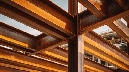 Obraz premium Steel beams and columns form a structural framework in construction under bright sunlight.