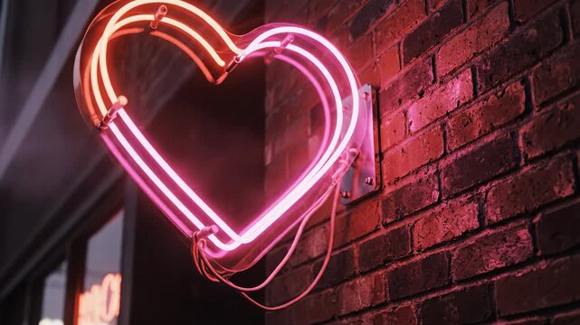 Neon heart sign pink neon brick wall night light urban wall glow romantic pink heart sign glowing neon light textured brick night glow urban romantic mood