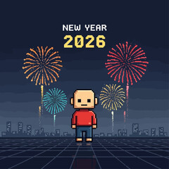 Pixelated character celebrating the New Year 2026 with fireworks in the background, evoking a sense of excitement and festivity