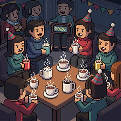Pixel Art Illustration of a Joyful New Year's Eve Celebration with Friends Enjoying Warm Beverages, Perfect for Festive Gatherings and Cozy Winter Evenings