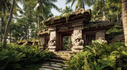 Fototapeta premium Ancient stone structure entrance surrounded by lush tropical vegetation