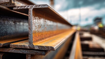 Stack of rusty metal i-beams outdoors construction material industrial strength.