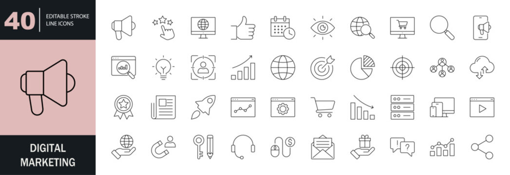 Digital marketing icon set. Editable line icons. Vector illustration.