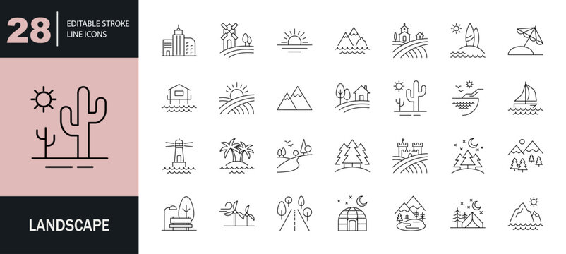 Landscape icon set. Editable line icons. Vector illustration.
