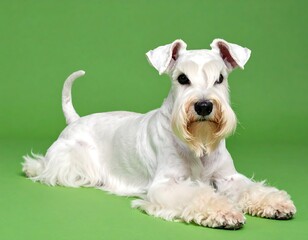 A white dog with distinctive facial hair rests on a green backdrop