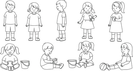 Naklejka premium A collection of line art illustrations showing diverse poses and activities of children