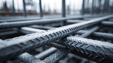 Close-up of steel rebar grid construction material with blurred background.