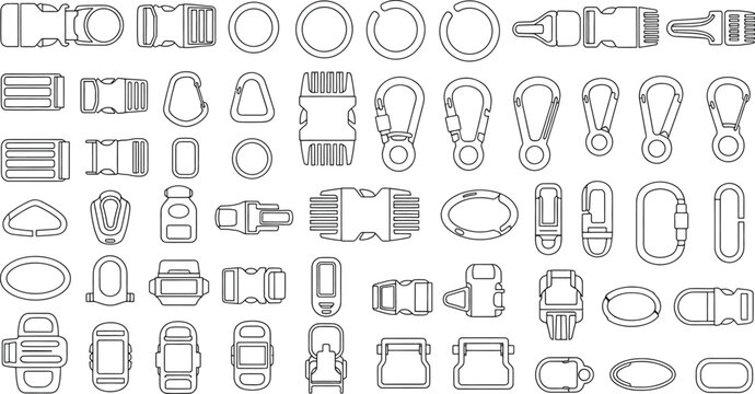 A set of line drawings showing different types of buckles and clasps for webbing straps and bags