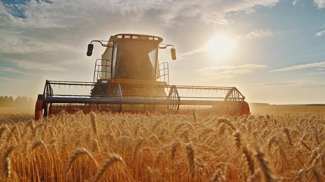 Golden Wheat Field Harvested By A Large Yellow Combine Harvester Under The Bright Sun With Lens Flare And A Blue Sky