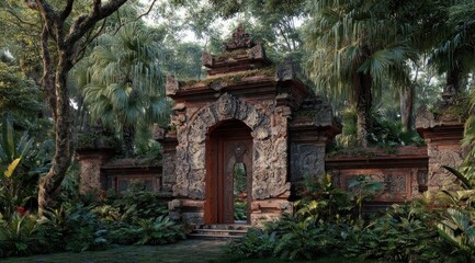 Fototapeta premium Ancient stone temple surrounded by lush greenery and foliage