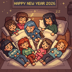 Happy New Year 2026 A Cozy Pixel Art Illustration of Friends Sleeping Together on a Couch