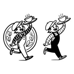 Energetic Coffee Server Character in Dual Style with Tray and Beans for Branding Illustration Design