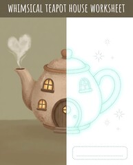 A delightful teapot house illustration, perfect for creative worksheets. This whimsical design invites imagination and adds charm to any artistic endeavor.