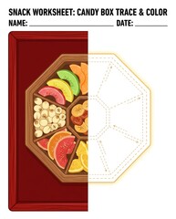 A colorful candy box worksheet featuring a variety of snacks, perfect for tracing and coloring activities for children and educational purposes.