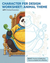 Panda Character Design Symmetry Worksheet: Coloring and Tracing Traditional Costume Art