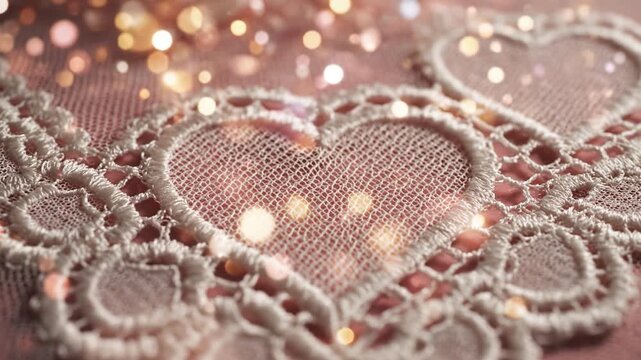 Delicate lace heart embroidery fabric texture closeup romantic vintage bokeh delicate lace heart pink fabric embroidery closeup textile detail romantic motif delicate lace heart embroidery textile