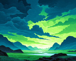 Green sky and clouds