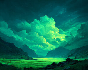 Green sky and clouds