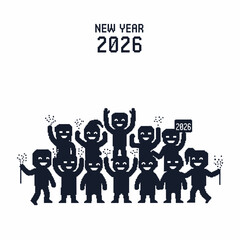 A vibrant illustration of enthusiastic cartoon characters joyfully celebrating the upcoming New Year 2026, holding sparkling party favors and cheering together in festive anticipation and unity