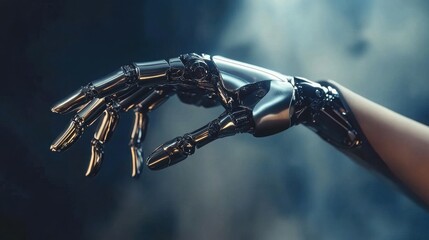 Close up of a futuristic chrome bionic prosthetic hand connecting seamlessly with human skin in dim light