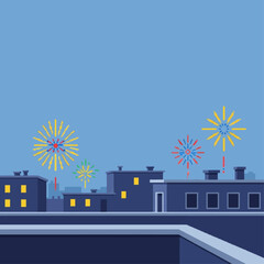 Vibrant urban night celebration with dazzling fireworks illuminating a stylized cityscape and buildings under a dark blue sky, creating a festive and exciting atmosphere for events and holidays
