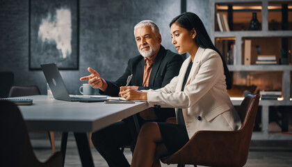Diverse business professionals collaborating on a laptop in a modern office setting