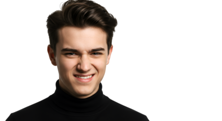 Man wearing black turtleneck sweater for fashion and clothing branding, isolated on white background