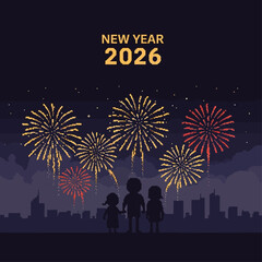 Family watching a vibrant New Year celebration fireworks display against a city skyline, symbolizing togetherness, hope, and the excitement of 2026