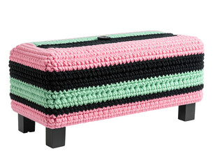 Striped, crocheted storage ottoman with black legs, lid with button