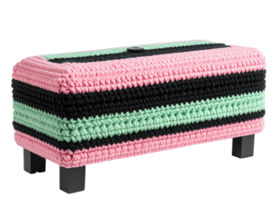 Striped, crocheted storage ottoman with black legs, lid with button