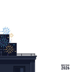 New Year's Eve Fireworks Display Over a Rooftop Celebration Marking the Arrival of 2026