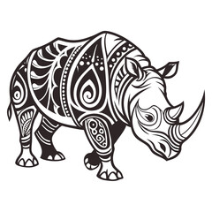 Fototapeta premium Ornamental rhinoceros vector illustration with intricate mandala patterns, black and white wildlife art.