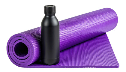 Workout setup with rolled purple mat and black water bottle