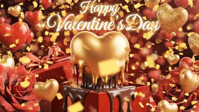 Valentines day celebration with chocolate cake and heart shaped decorations