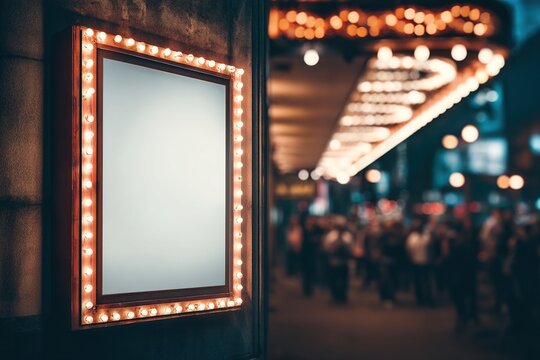 Retro illuminated poster mockup on a theater exterior at night