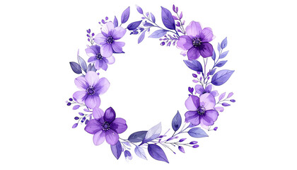 Watercolor wreath of purple flowers and leaves on a black background