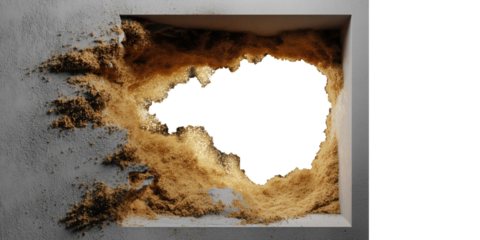 The Void's Enclosure: An arresting composition features a striking break in a textured wall, framing an empty space and evoking a sense of both destruction and revelation.