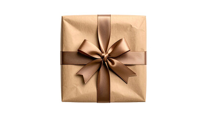 Square gift wrapped in brown paper with a ribbon bow on a dark backdrop