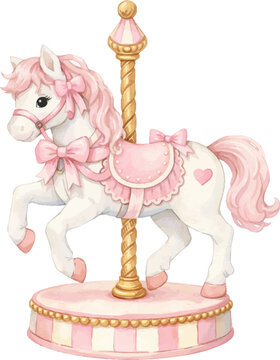 pink carousel horse with heart saddle cute whimsical merry go round animal illustration for children