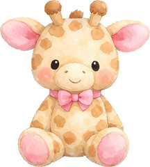 Fototapeta premium Cute plush giraffe toy with pink bow sitting upright, adorable baby animal character illustration