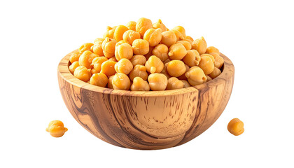Boiled chickpeas overflow a wooden bowl; few peas scattered