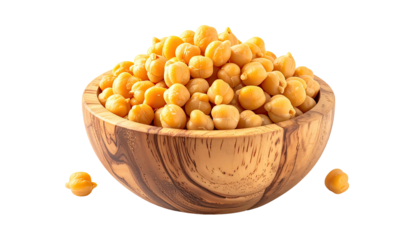Boiled chickpeas overflow a wooden bowl; few peas scattered
