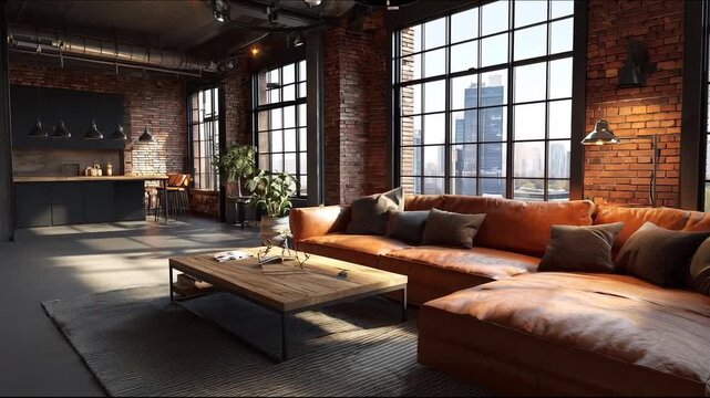 Modern industrial loft living room interior with brown leather sofa and city view