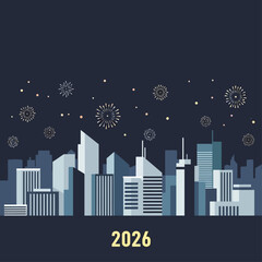 Illustration of a futuristic city skyline with fireworks celebrating the arrival of 2026