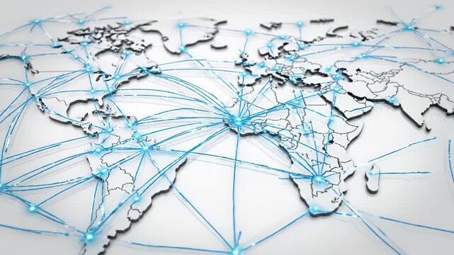 Global world map with illuminated network connections linking major cities and glowing nodes, minimalist 3D map of North America with raised white landmasses and soft blue location glow