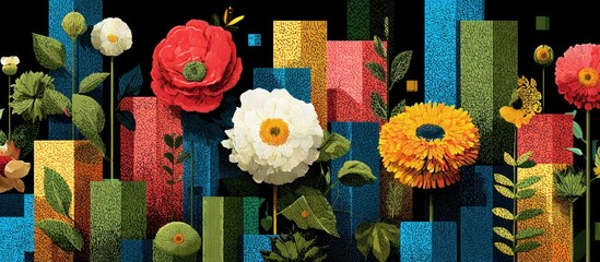Colorful floral arrangement with geometric shapes, set against a dark background