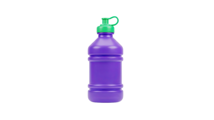 3D Purple water bottle with green cap and loop on transparent background
