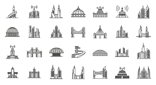 Set of modern city skyline icons with buildings and bridges