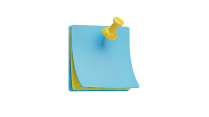 3D Blue sticky note with yellow thumbtack on transparent background