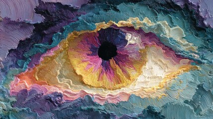 Textured, vibrant oil painting of a swirling eye in a dreamlike state